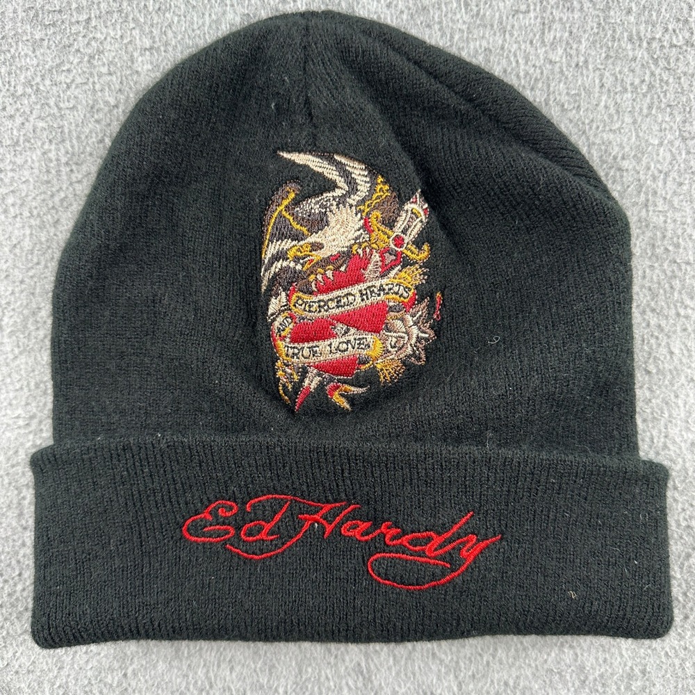 Ed Hardy Beanie Hat Mens OS Pierced Hearts True Love Black Embroidered Tattoo